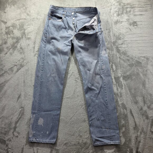 Levis 501 Jeans Mens 33x34 Light Wash Blue Button Fly Straight Leg Paint Stains - Picture 1 of 13